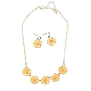 Orange Ceramic Flowers w/ Rhinestone Center Necklace and Matching Earrings Set